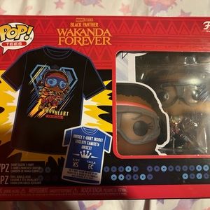 Black Panther Wakanda Forever glow in the dark Funko pop with xsmall shirt